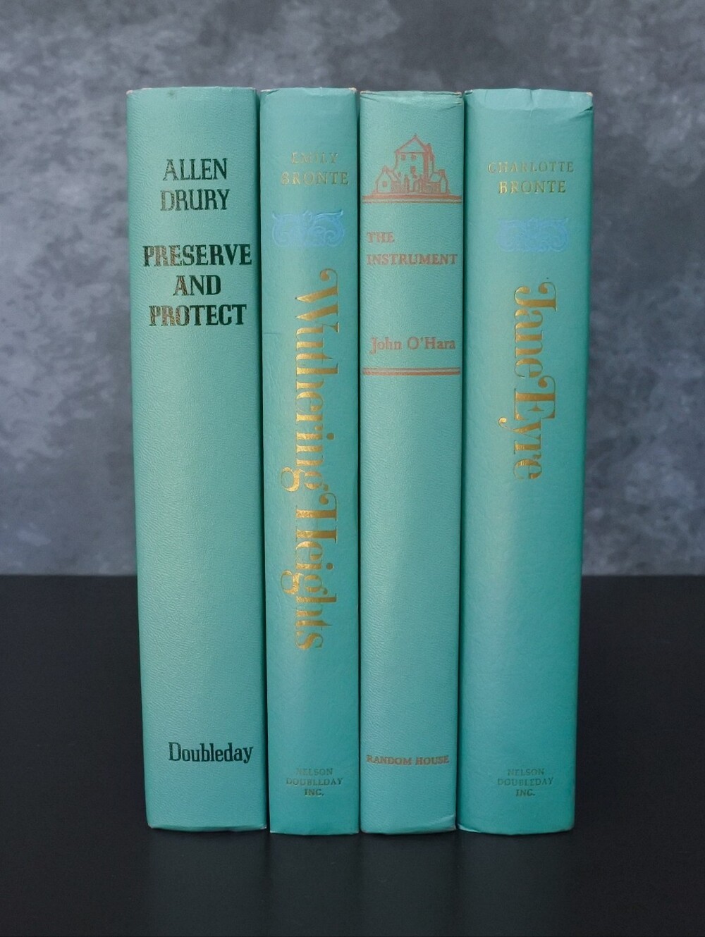 Vintage Teal Green Fiction Classics Hardcover Set Mid Century Book Stack